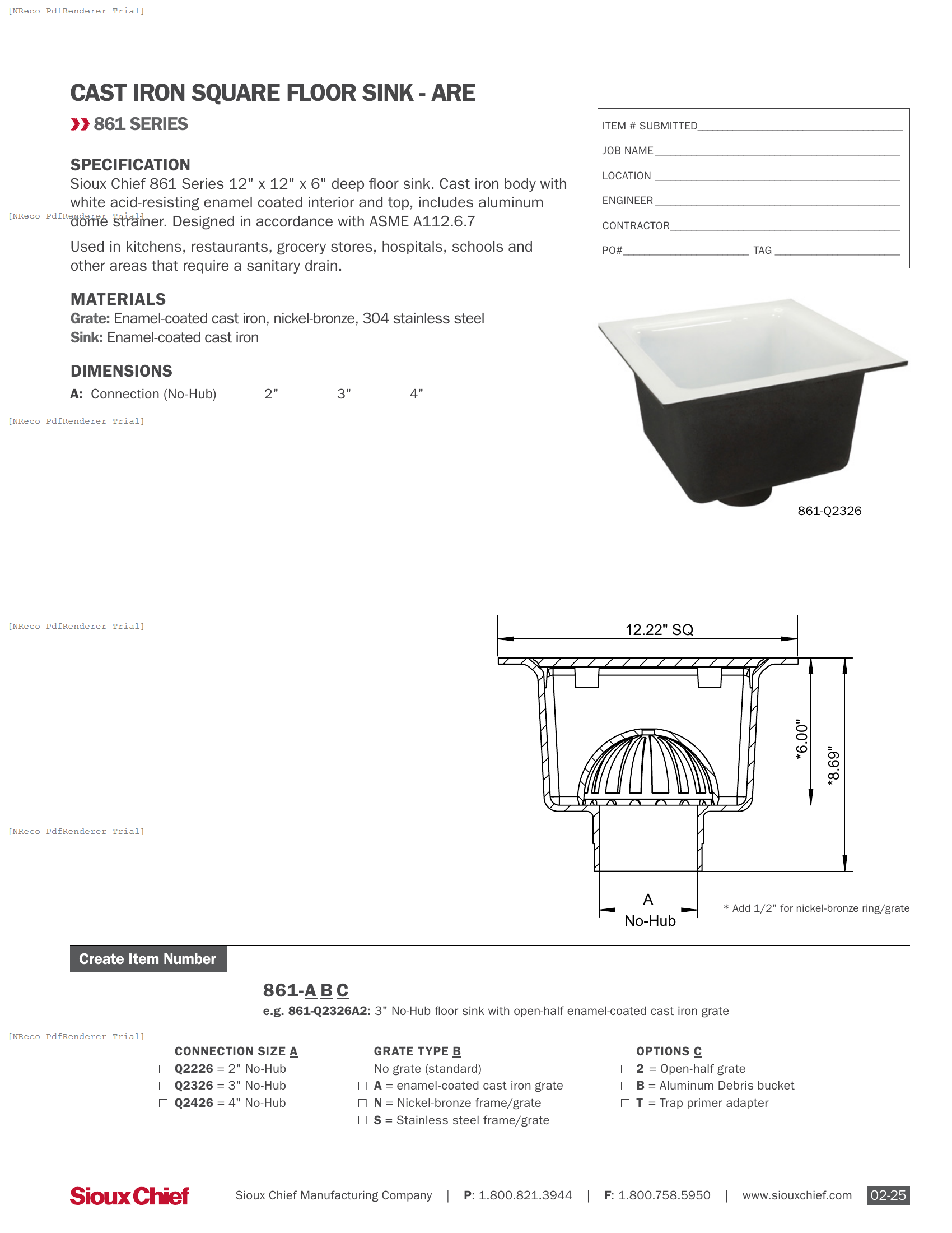 861-Q SERIES - 12X12X6 FLOOR SINK - SPEC SHEET.PDF Specification Document
